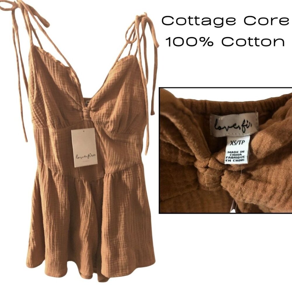 NWT Love, Fire XS Cottagecore Brown Cotton Smocked Babydoll Cami Top Adjustable